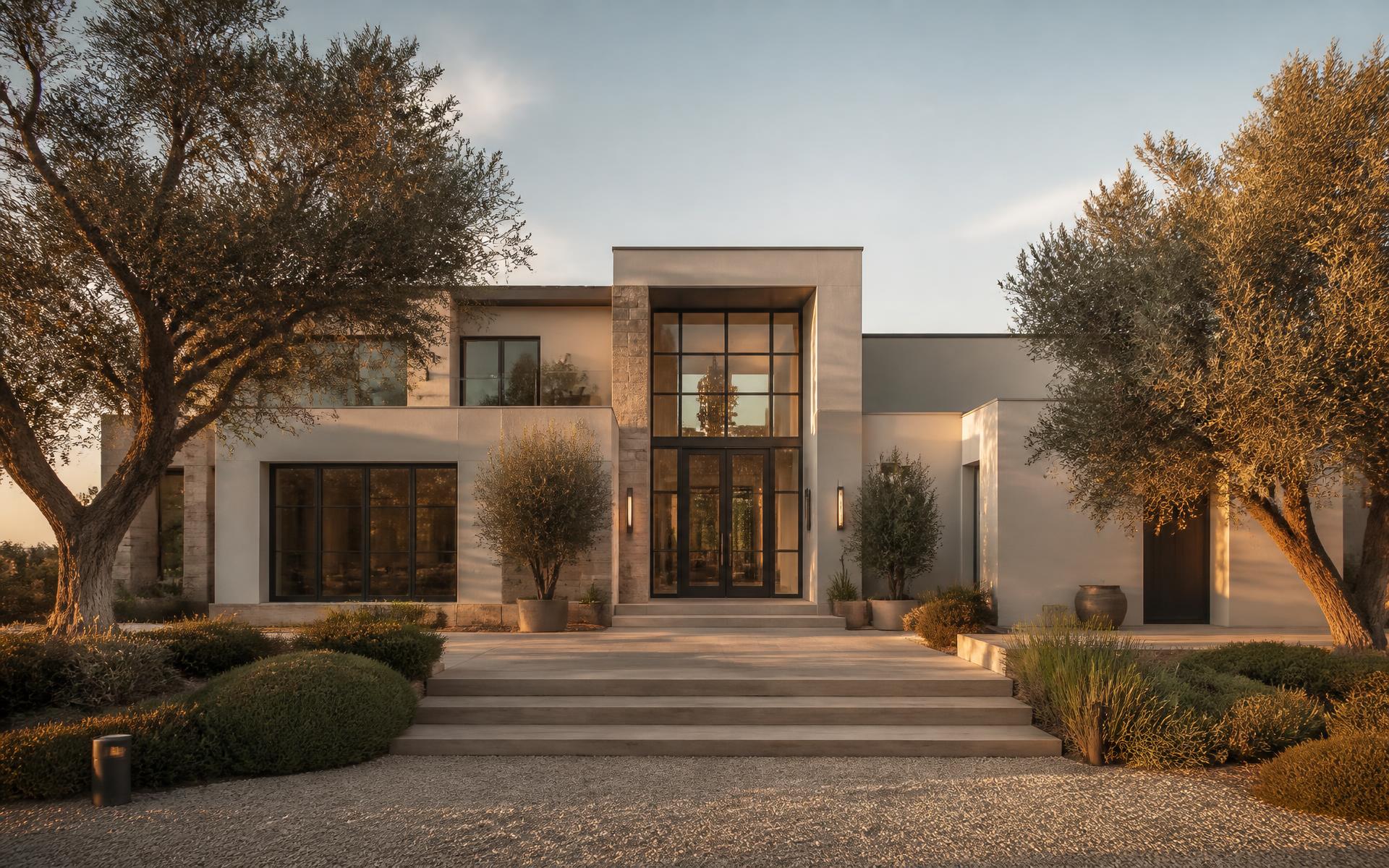 Luxury custom home exterior in North Texas at golden hour