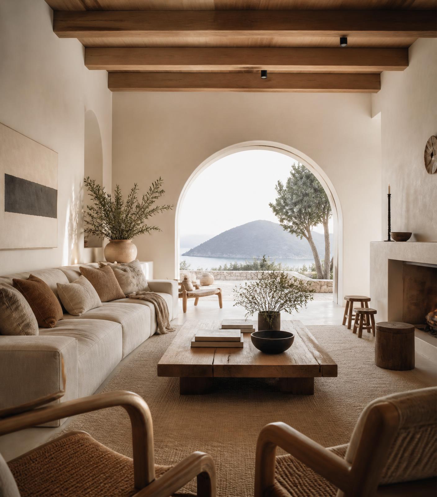 Warm modern living room with plaster walls and oak beams